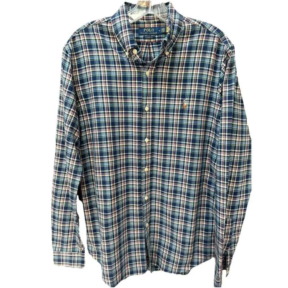 Polo‎ Ralph Lauren Men's Classic Fit Plaid Oxford Size Medium Preppy Blue Plaid